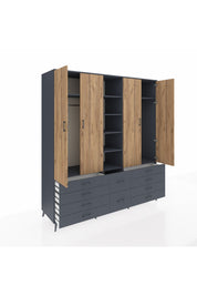 Kronos Dolap 9 Raflı 10 Çekmeceli 2 Askılı 220x59x243 Antrasit-Çam/Antrasit