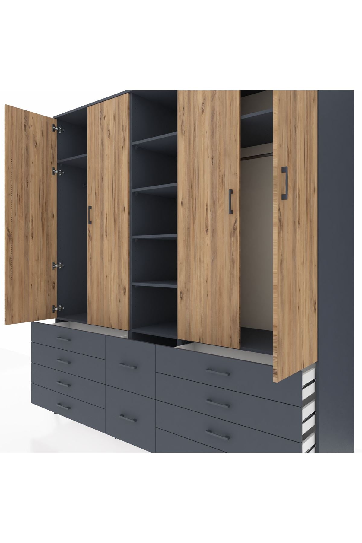 Kronos Dolap 9 Raflı 10 Çekmeceli 2 Askılı 220x59x243 Antrasit-Çam/Antrasit