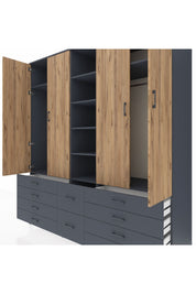 Kronos Dolap 9 Raflı 10 Çekmeceli 2 Askılı 220x59x243 Antrasit-Çam/Antrasit