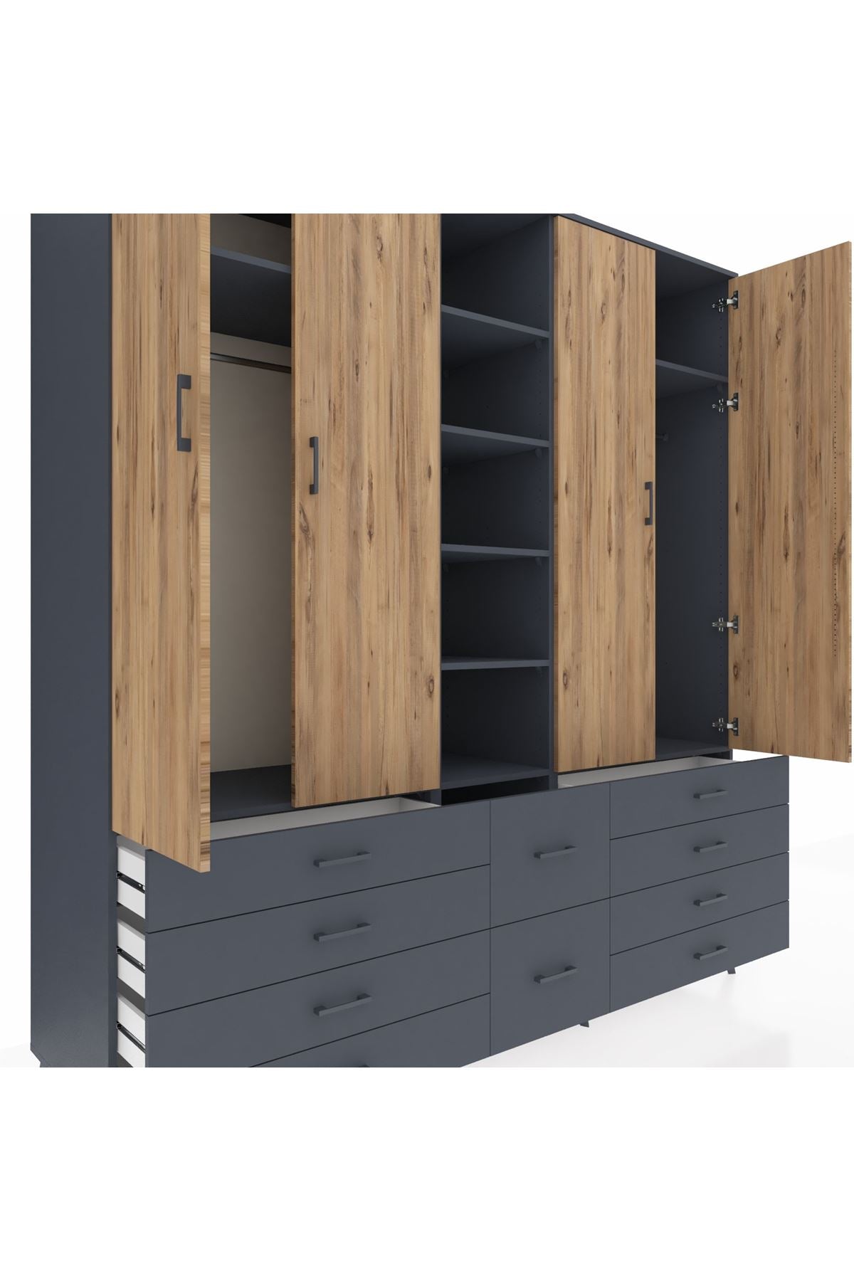 Kronos Dolap 9 Raflı 10 Çekmeceli 2 Askılı 220x59x243 Antrasit-Çam/Antrasit