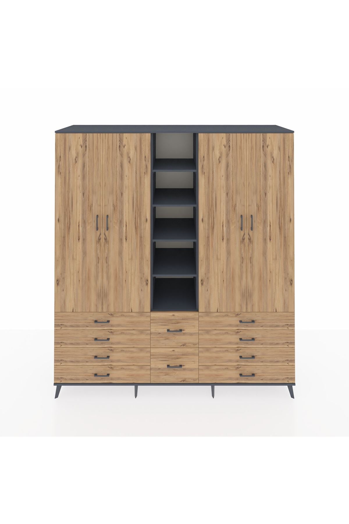 Kronos Dolap 9 Raflı 10 Çekmeceli 2 Askılı 220x59x243 Antrasit-Çam/Çam