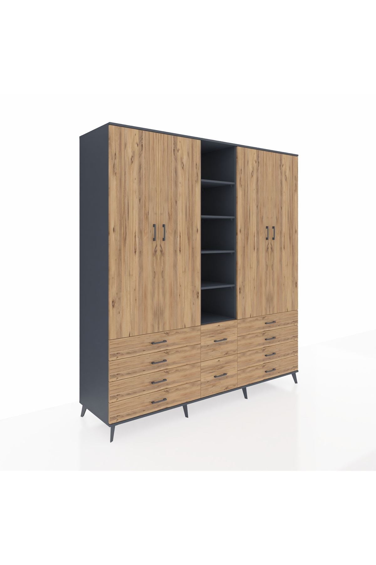 Kronos Dolap 9 Raflı 10 Çekmeceli 2 Askılı 220x59x243 Antrasit-Çam/Çam