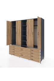 Kronos Dolap 9 Raflı 10 Çekmeceli 2 Askılı 220x59x243 Antrasit-Çam/Çam