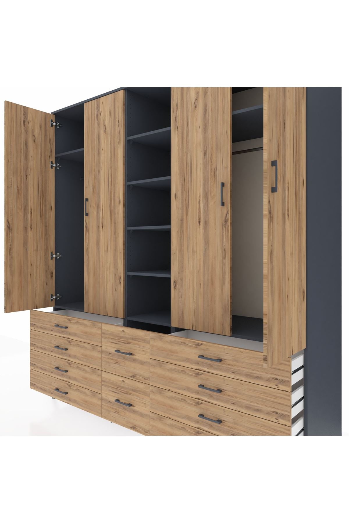 Kronos Dolap 9 Raflı 10 Çekmeceli 2 Askılı 220x59x243 Antrasit-Çam/Çam