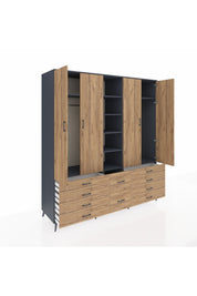 Kronos Dolap 9 Raflı 10 Çekmeceli 2 Askılı 220x59x243 Antrasit-Çam/Çam