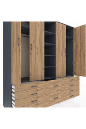 Kronos Dolap 9 Raflı 10 Çekmeceli 2 Askılı 220x59x243 Antrasit-Çam/Çam