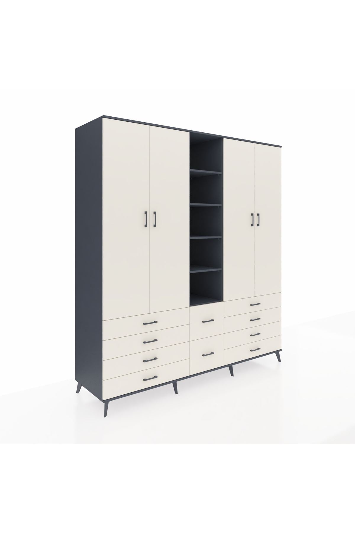 Kronos Dolap 9 Raflı 10 Çekmeceli 2 Askılı 220x59x243 Antrasit-Aytaşı/Aytaşı