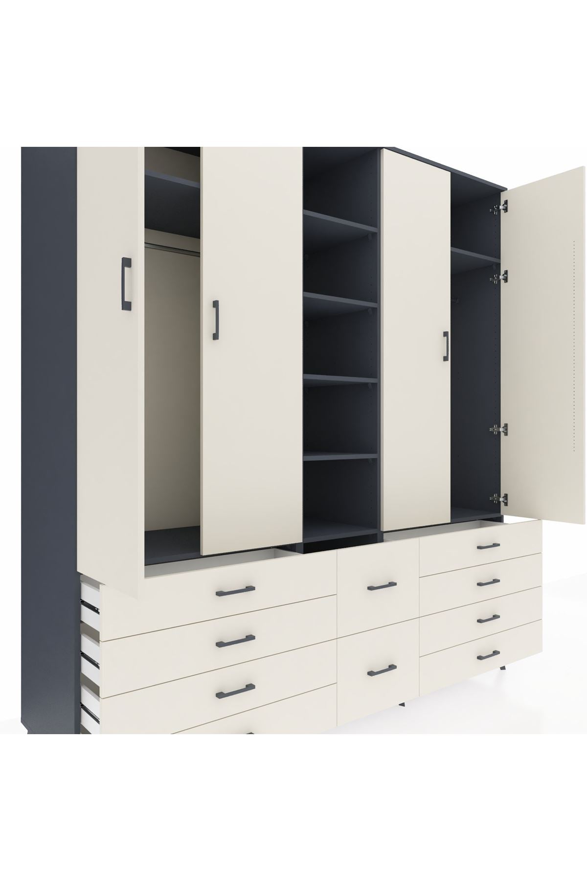 Kronos Dolap 9 Raflı 10 Çekmeceli 2 Askılı 220x59x243 Antrasit-Aytaşı/Aytaşı