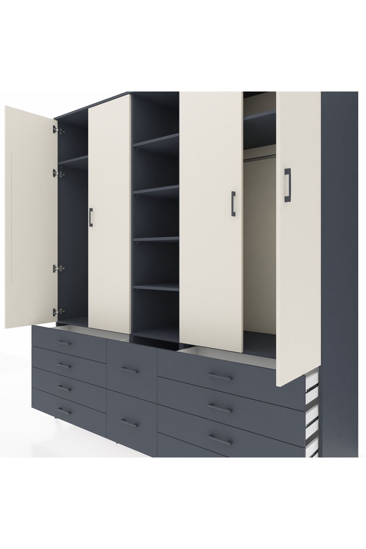 Kronos Dolap 9 Raflı 10 Çekmeceli 2 Askılı 220x59x243 Antrasit-Aytaşı/Antrasit