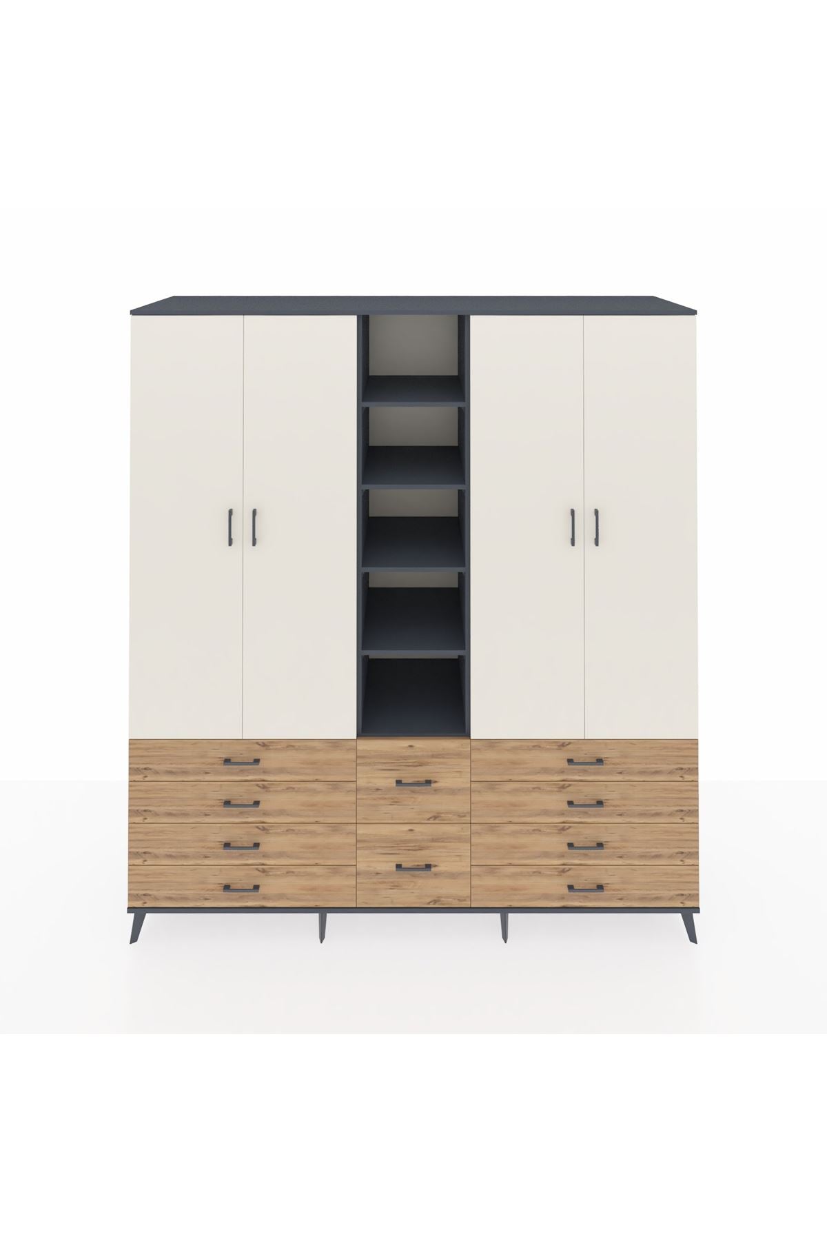 Kronos Dolap 9 Raflı 10 Çekmeceli 2 Askılı 220x59x243 Antrasit-Aytaşı/Çam