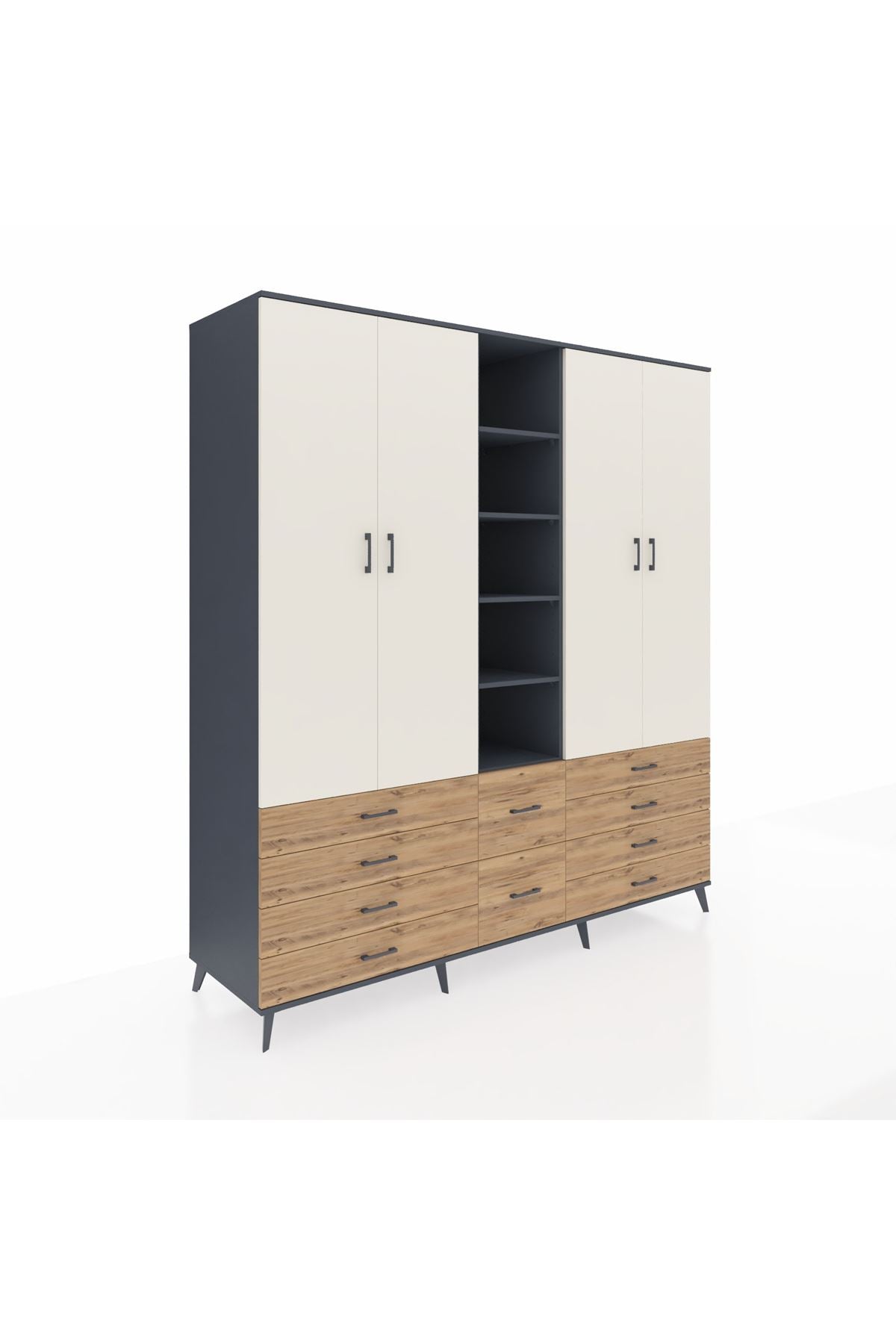 Kronos Dolap 9 Raflı 10 Çekmeceli 2 Askılı 220x59x243 Antrasit-Aytaşı/Çam