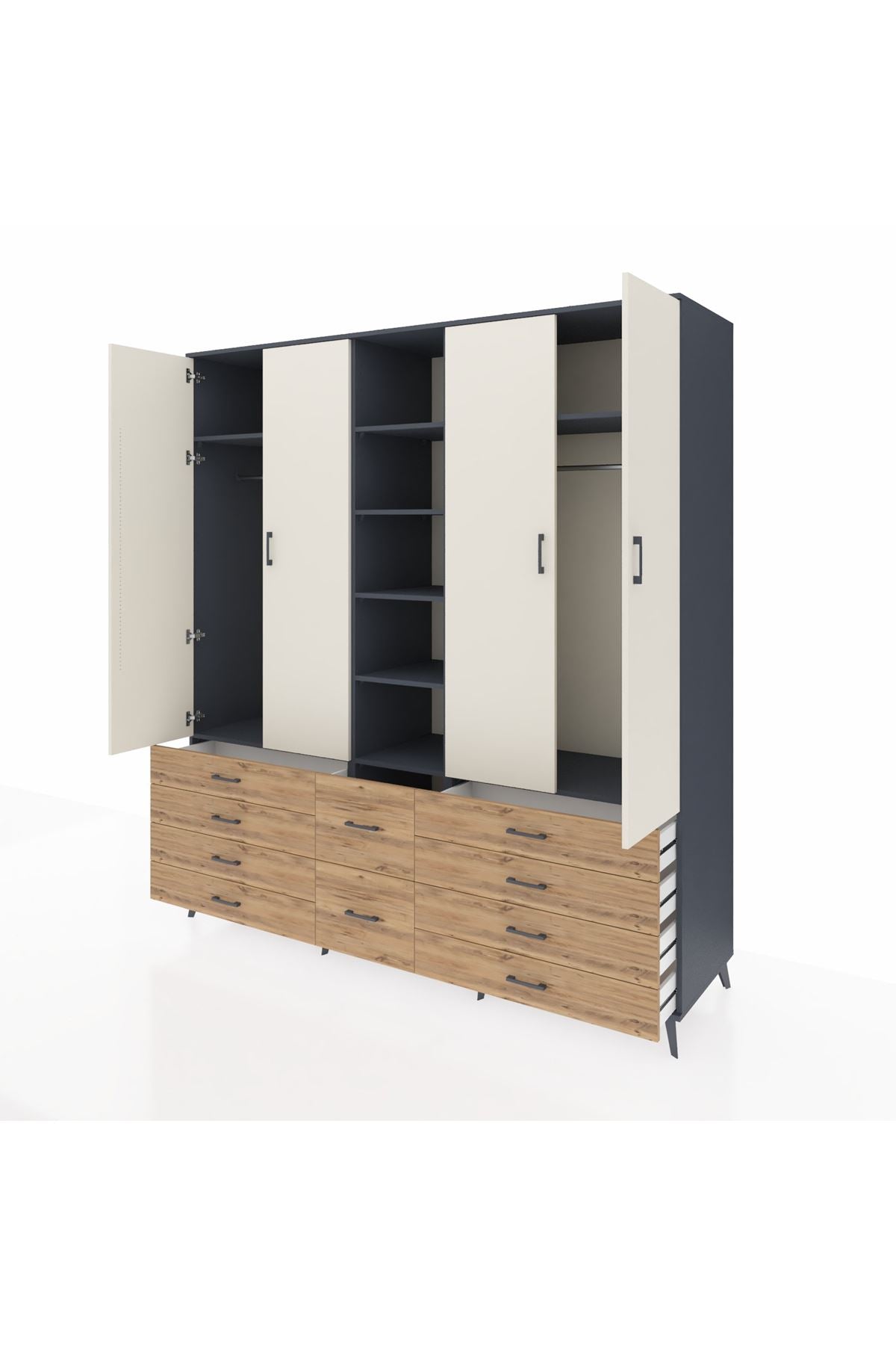 Kronos Dolap 9 Raflı 10 Çekmeceli 2 Askılı 220x59x243 Antrasit-Aytaşı/Çam