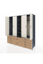 Kronos Dolap 9 Raflı 10 Çekmeceli 2 Askılı 220x59x243 Antrasit-Aytaşı/Çam