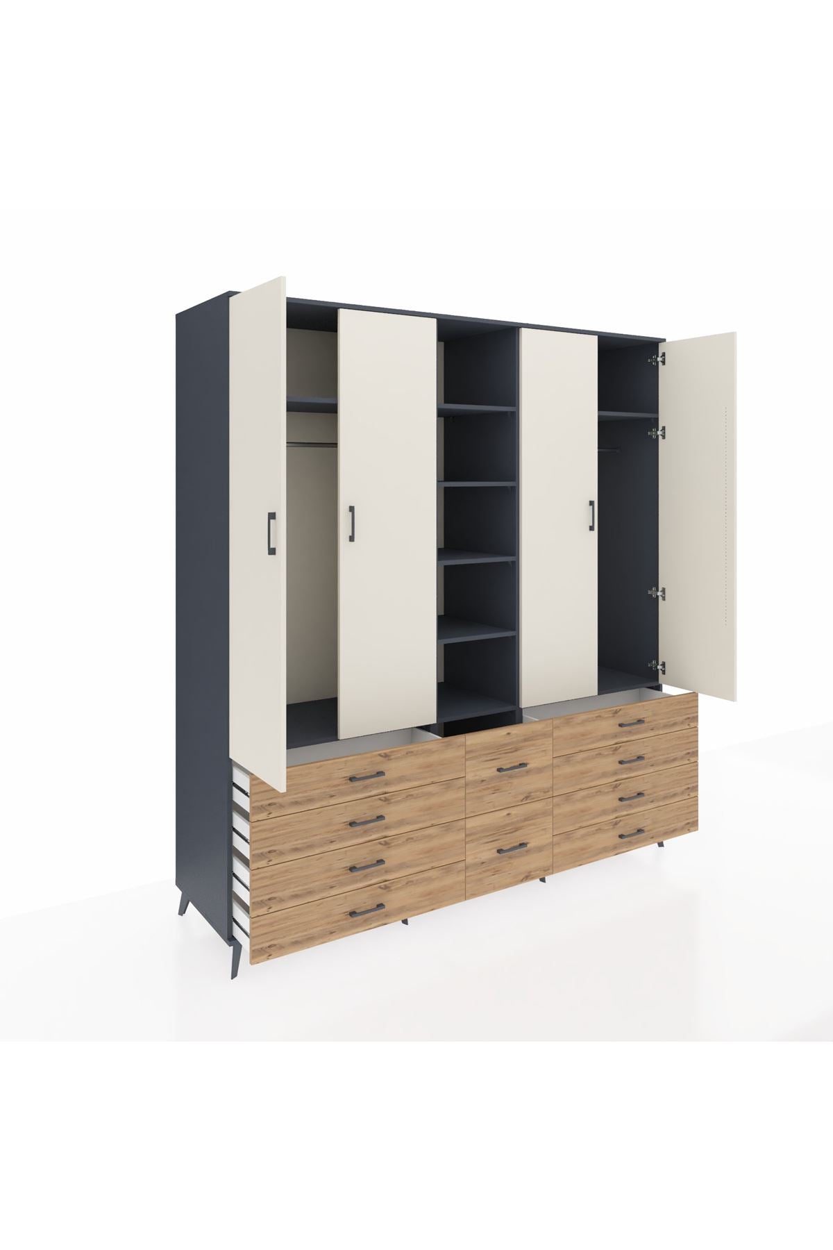 Kronos Dolap 9 Raflı 10 Çekmeceli 2 Askılı 220x59x243 Antrasit-Aytaşı/Çam