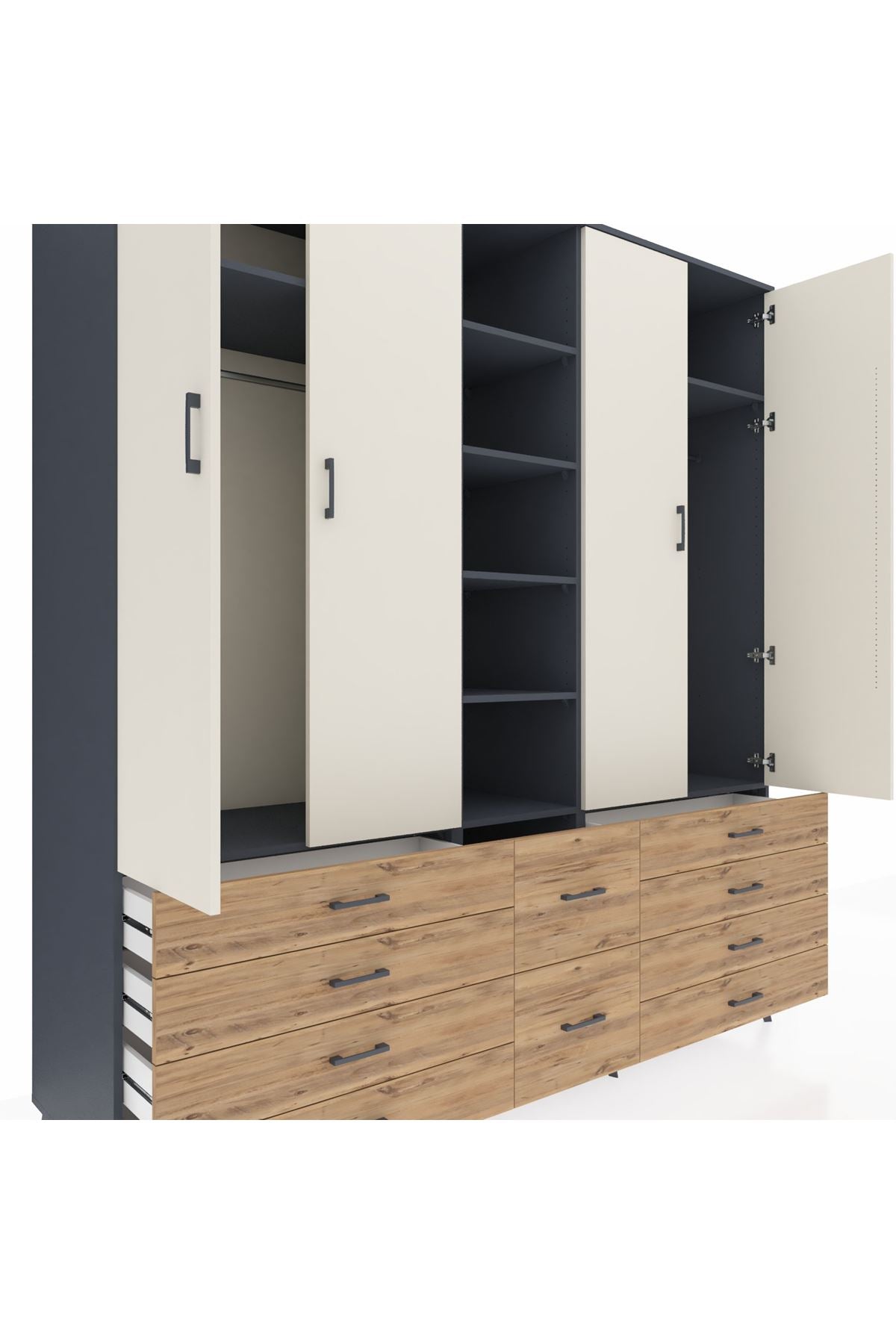 Kronos Dolap 9 Raflı 10 Çekmeceli 2 Askılı 220x59x243 Antrasit-Aytaşı/Çam