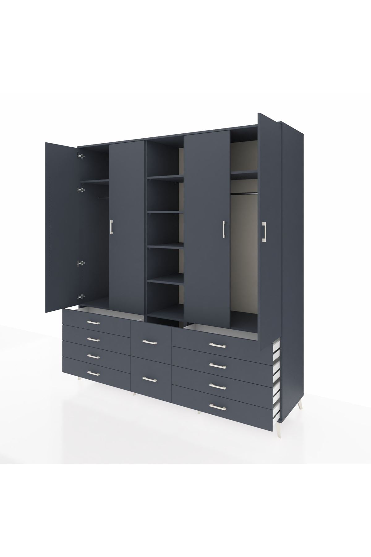 Kronos Dolap 9 Raflı 10 Çekmeceli 2 Askılı 220x59x243 Antrasit-Antrasit/Antrasit