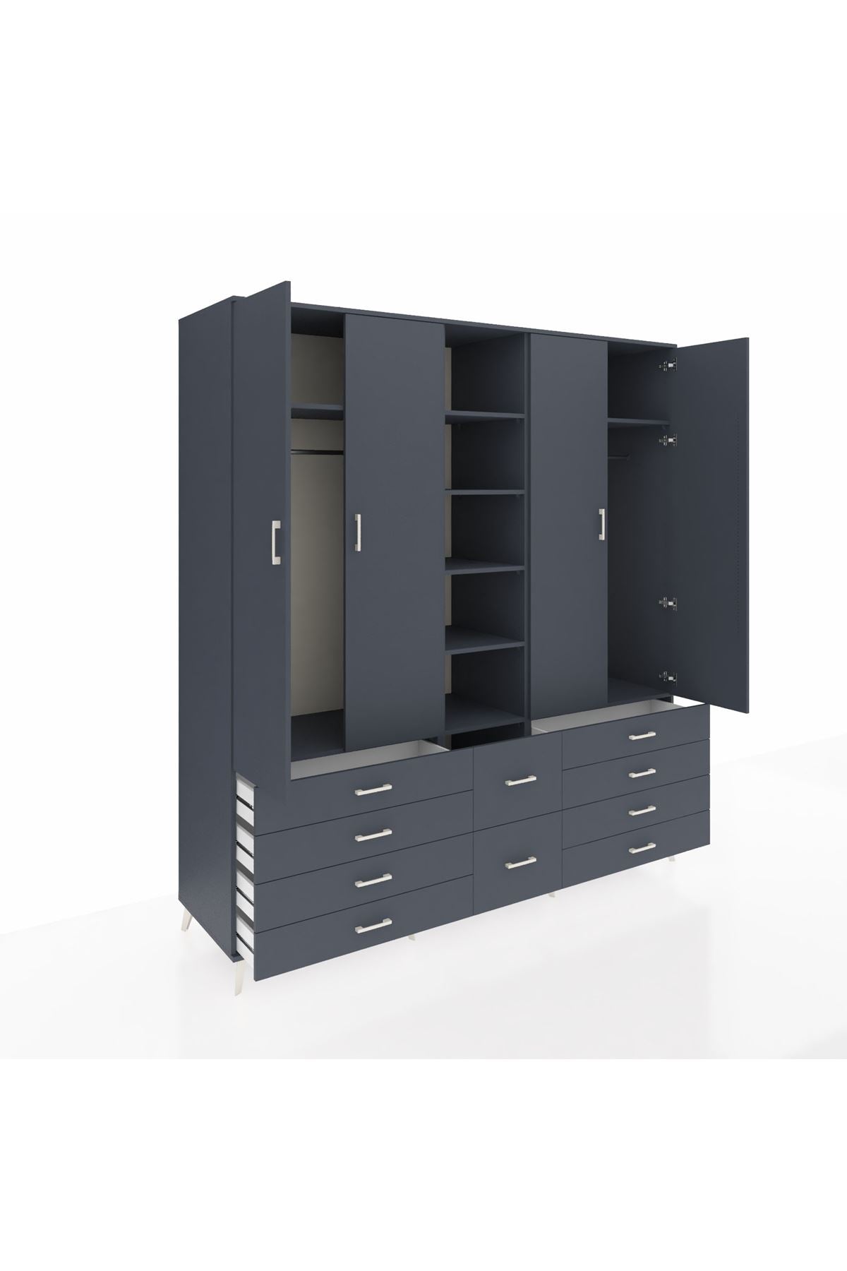 Kronos Dolap 9 Raflı 10 Çekmeceli 2 Askılı 220x59x243 Antrasit-Antrasit/Antrasit