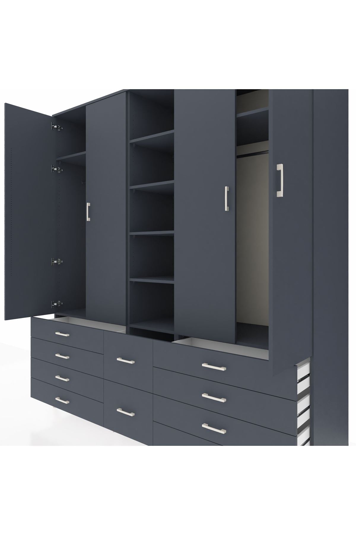 Kronos Dolap 9 Raflı 10 Çekmeceli 2 Askılı 220x59x243 Antrasit-Antrasit/Antrasit