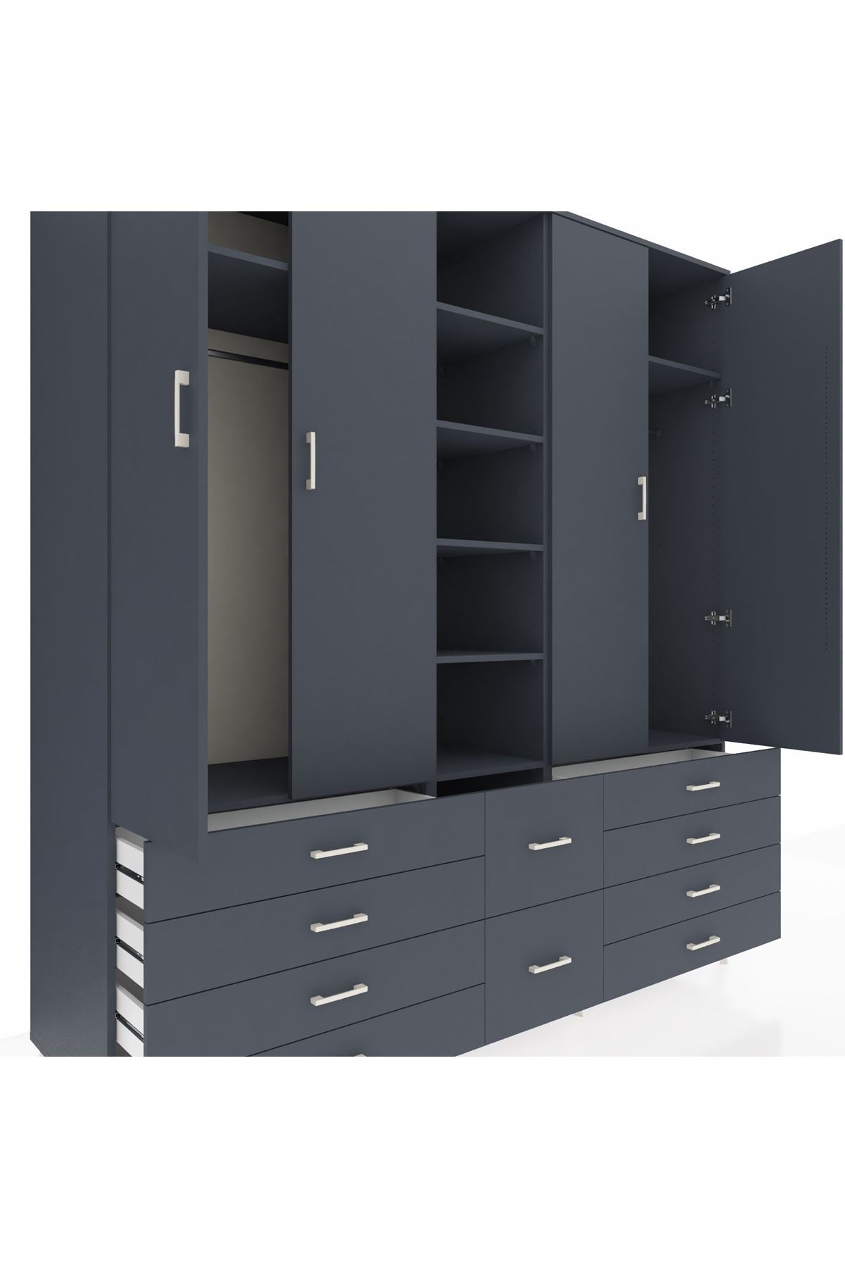 Kronos Dolap 9 Raflı 10 Çekmeceli 2 Askılı 220x59x243 Antrasit-Antrasit/Antrasit