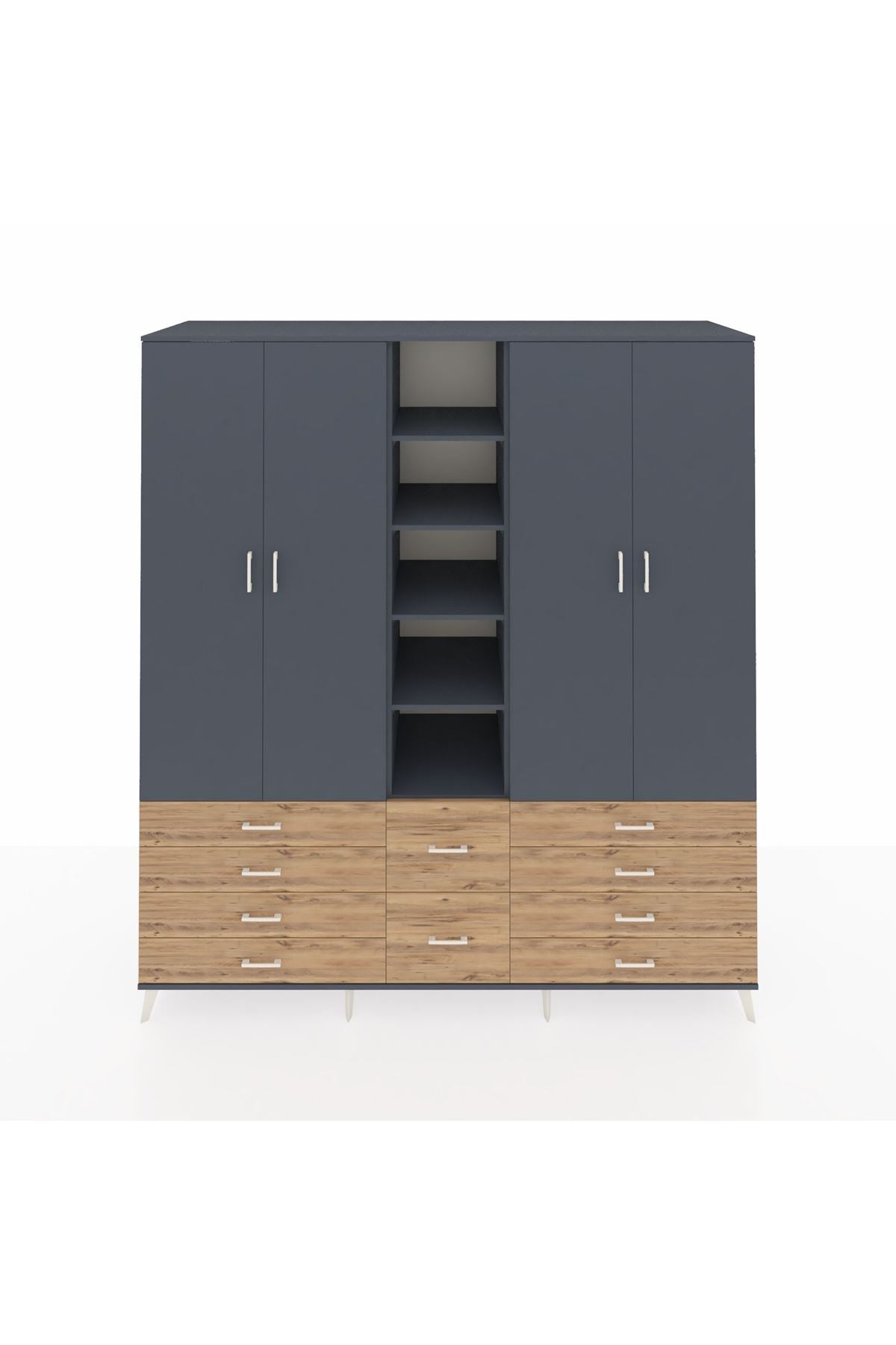 Kronos Dolap 9 Raflı 10 Çekmeceli 2 Askılı 220x59x243 Antrasit-Antrasit/Çam