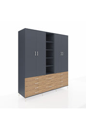 Kronos Dolap 9 Raflı 10 Çekmeceli 2 Askılı 220x59x243 Antrasit-Antrasit/Çam