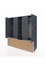 Kronos Dolap 9 Raflı 10 Çekmeceli 2 Askılı 220x59x243 Antrasit-Antrasit/Çam