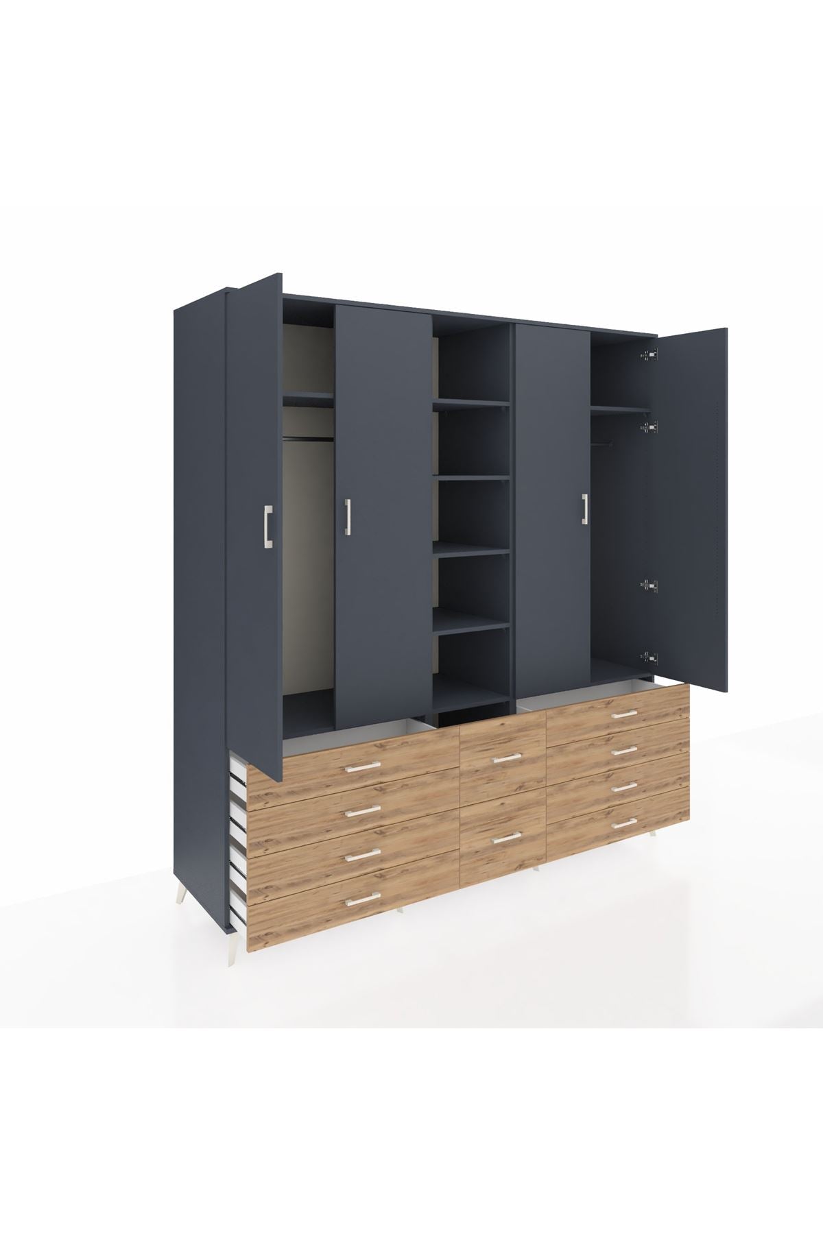 Kronos Dolap 9 Raflı 10 Çekmeceli 2 Askılı 220x59x243 Antrasit-Antrasit/Çam