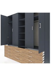 Kronos Dolap 9 Raflı 10 Çekmeceli 2 Askılı 220x59x243 Antrasit-Antrasit/Çam