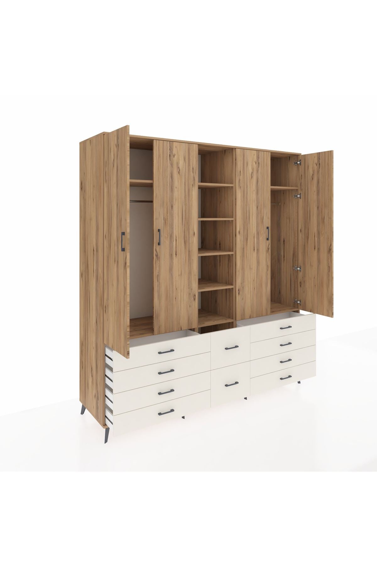 Kronos Dolap 9 Raflı 10 Çekmeceli 2 Askılı 220x59x243 Çam-Çam/Aytaşı