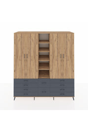 Kronos Dolap 9 Raflı 10 Çekmeceli 2 Askılı 220x59x243 Çam-Çam/Antrasit