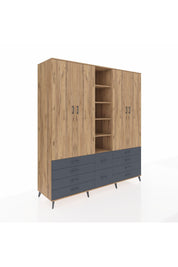 Kronos Dolap 9 Raflı 10 Çekmeceli 2 Askılı 220x59x243 Çam-Çam/Antrasit