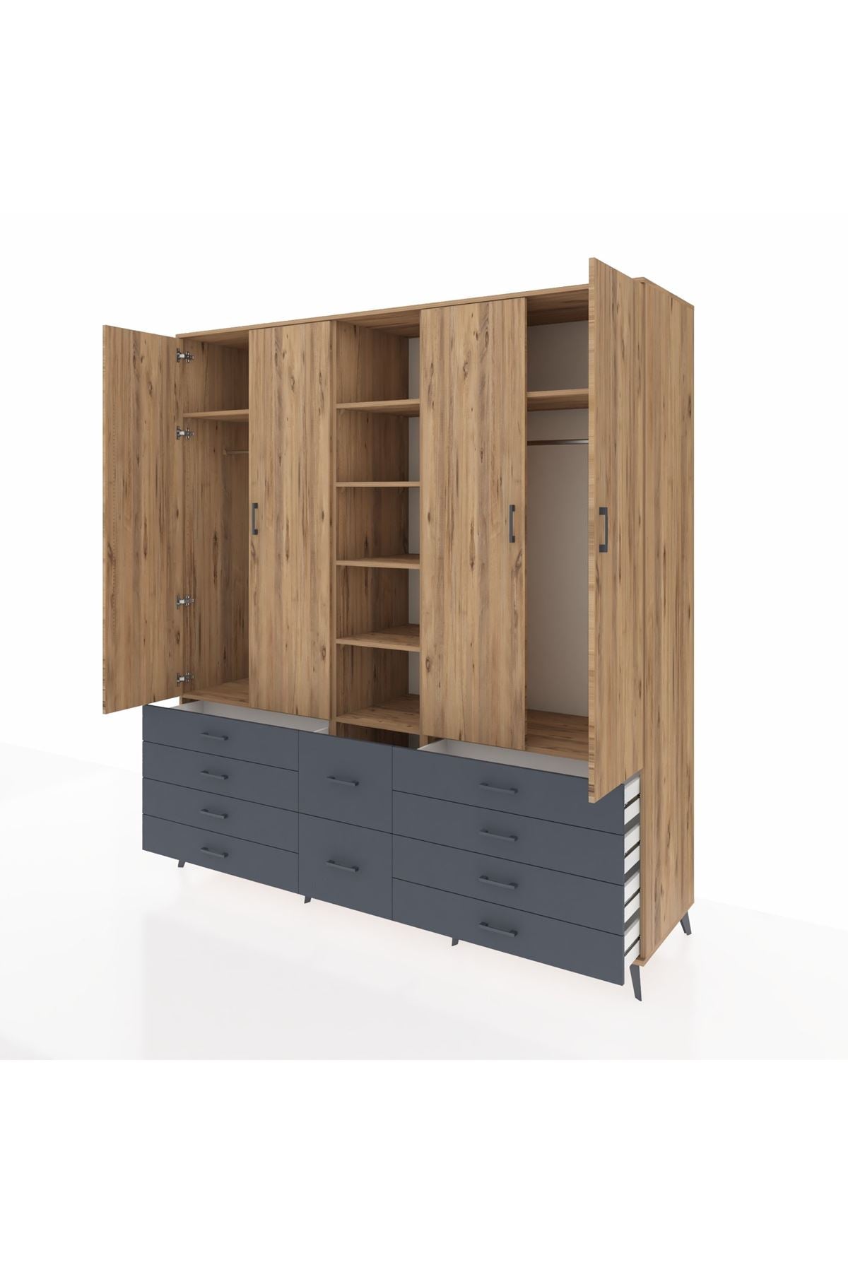 Kronos Dolap 9 Raflı 10 Çekmeceli 2 Askılı 220x59x243 Çam-Çam/Antrasit