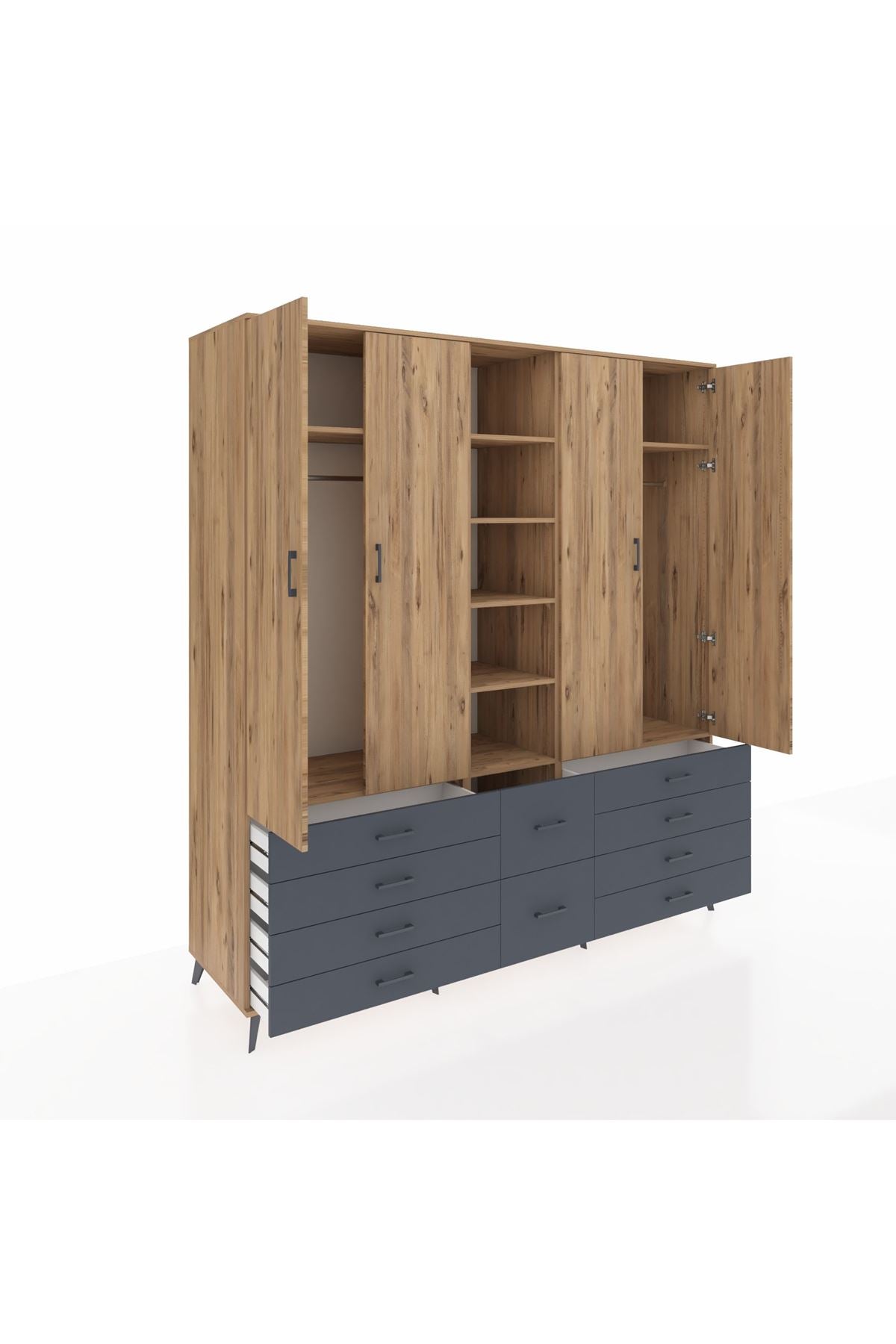 Kronos Dolap 9 Raflı 10 Çekmeceli 2 Askılı 220x59x243 Çam-Çam/Antrasit