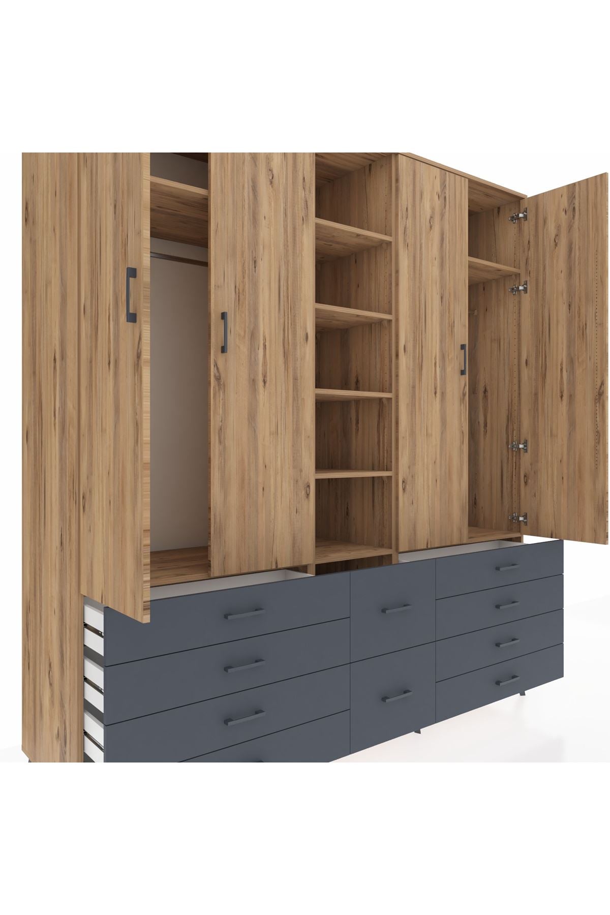 Kronos Dolap 9 Raflı 10 Çekmeceli 2 Askılı 220x59x243 Çam-Çam/Antrasit