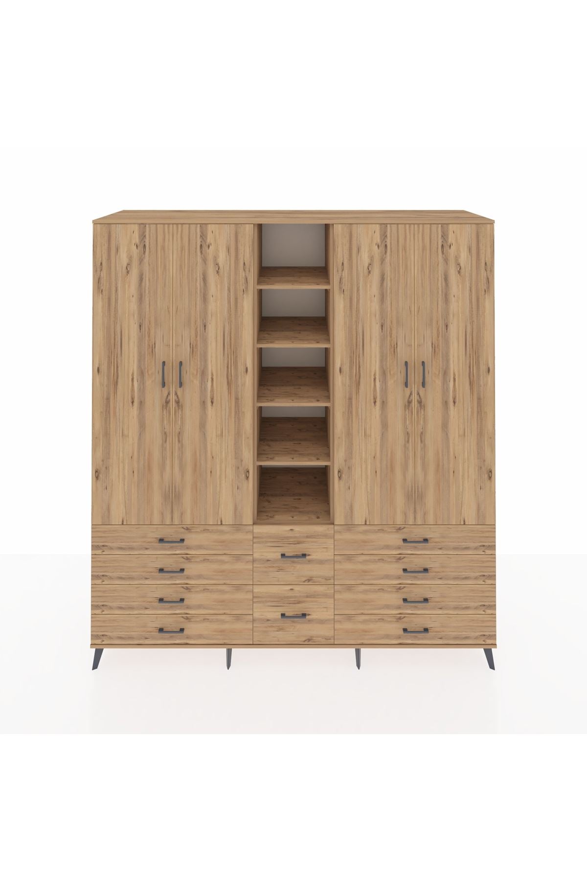 Kronos Dolap 9 Raflı 10 Çekmeceli 2 Askılı 220x59x243 Çam-Çam/Çam