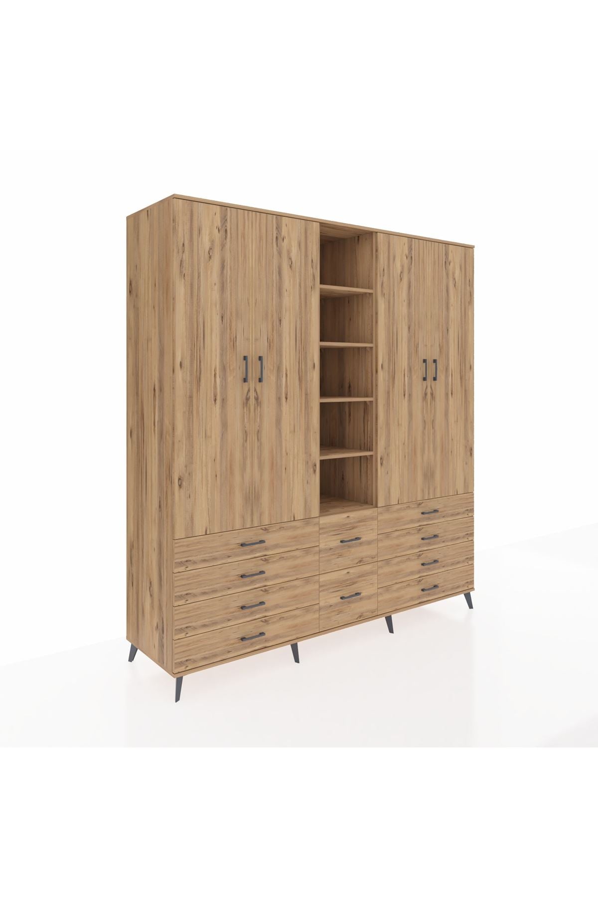 Kronos Dolap 9 Raflı 10 Çekmeceli 2 Askılı 220x59x243 Çam-Çam/Çam