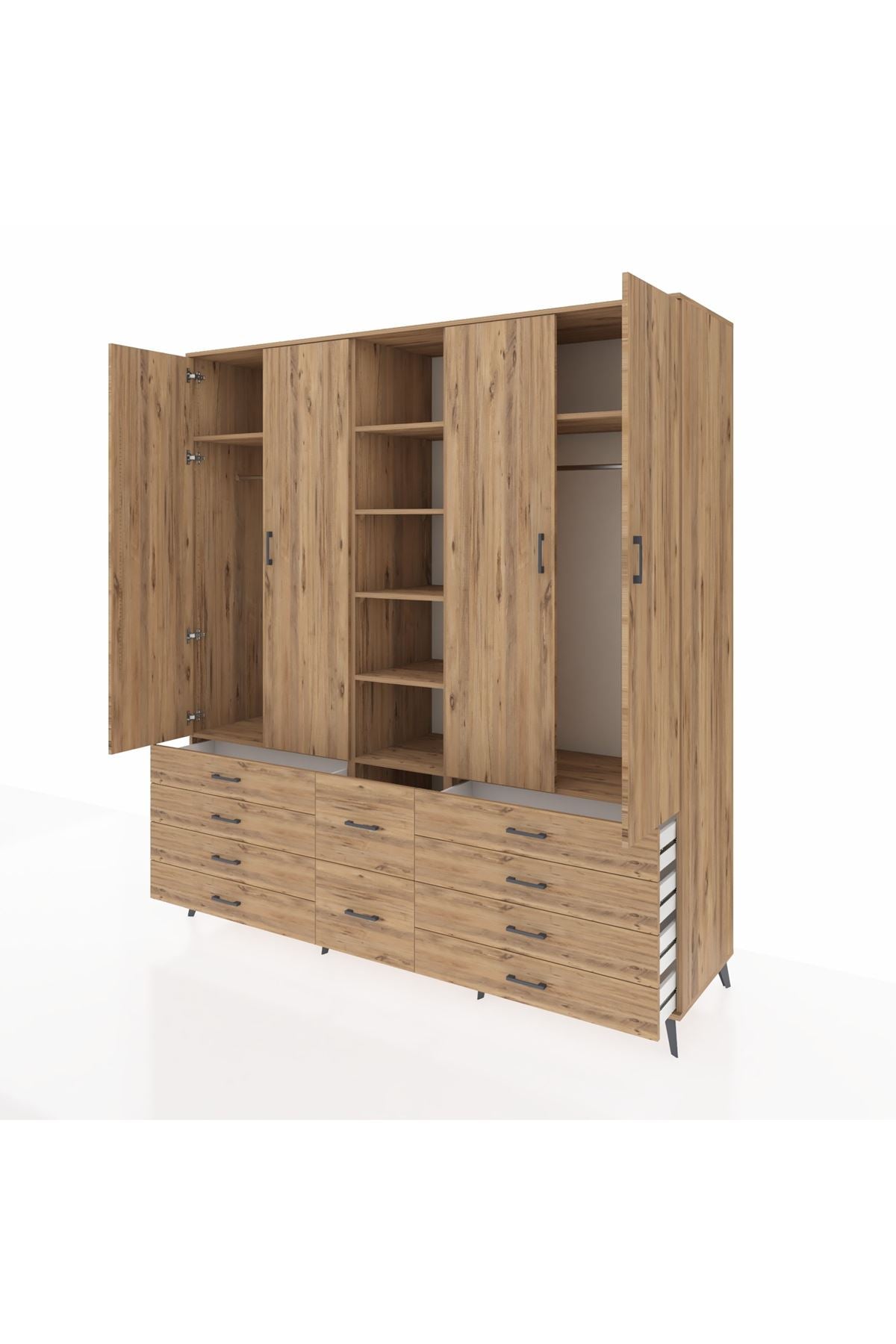 Kronos Dolap 9 Raflı 10 Çekmeceli 2 Askılı 220x59x243 Çam-Çam/Çam