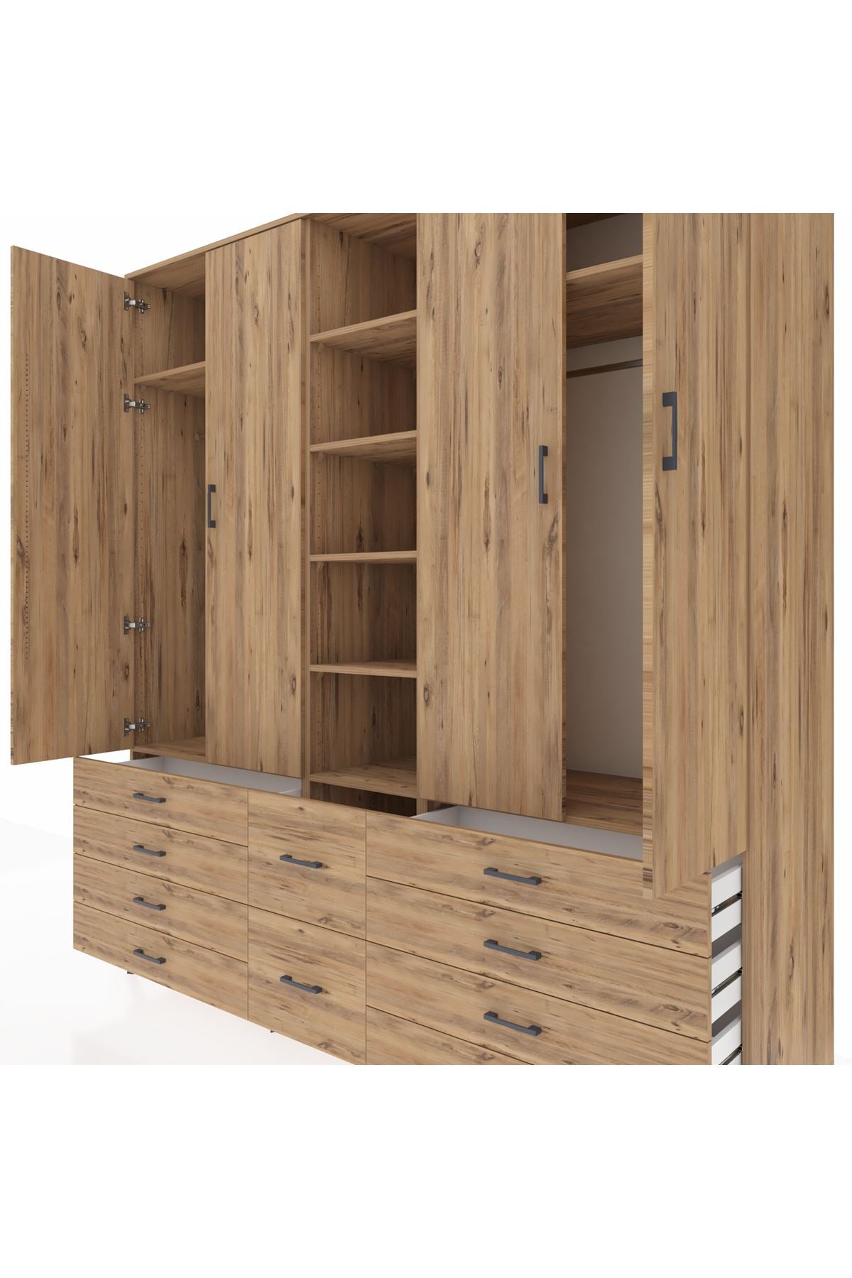 Kronos Dolap 9 Raflı 10 Çekmeceli 2 Askılı 220x59x243 Çam-Çam/Çam