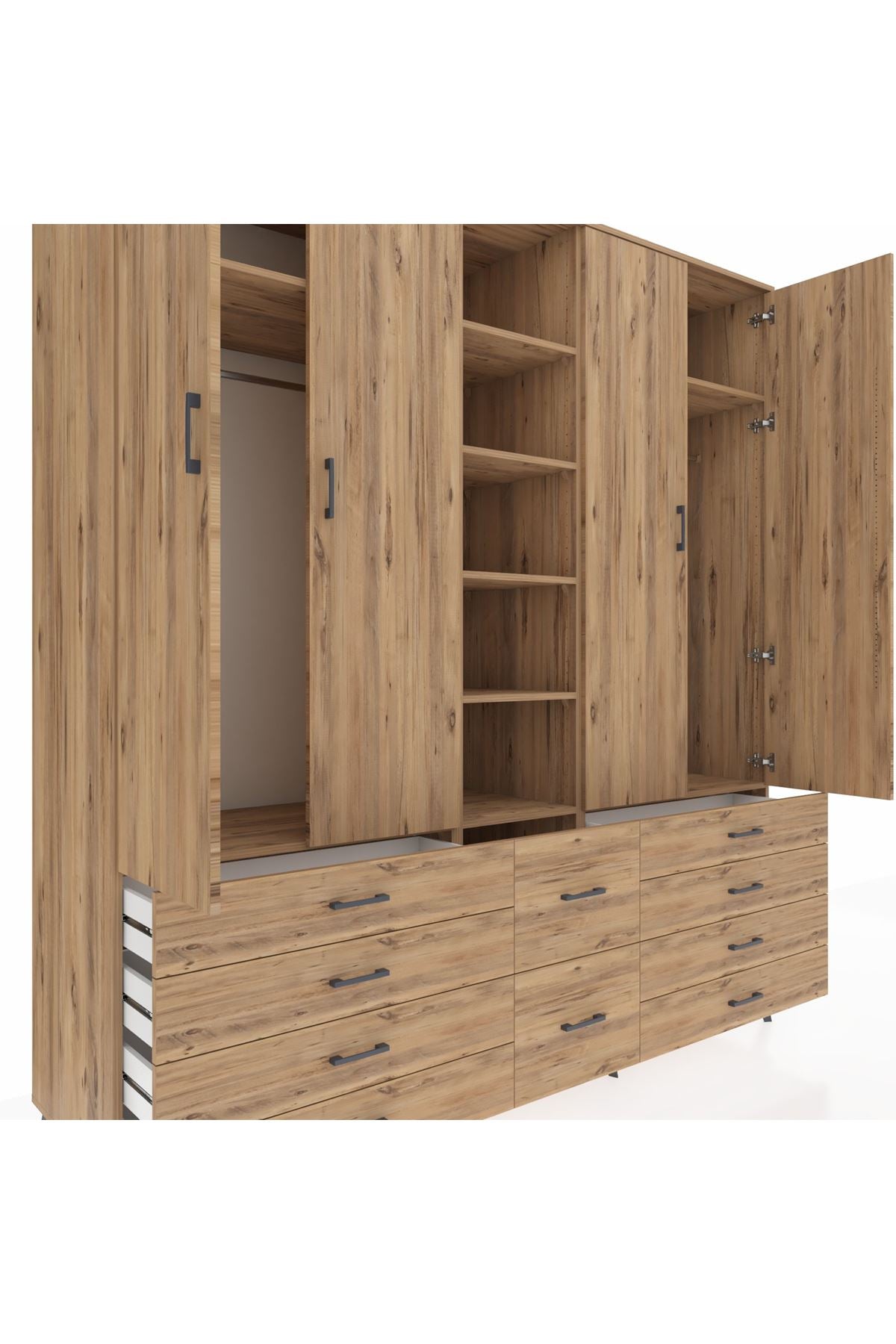 Kronos Dolap 9 Raflı 10 Çekmeceli 2 Askılı 220x59x243 Çam-Çam/Çam