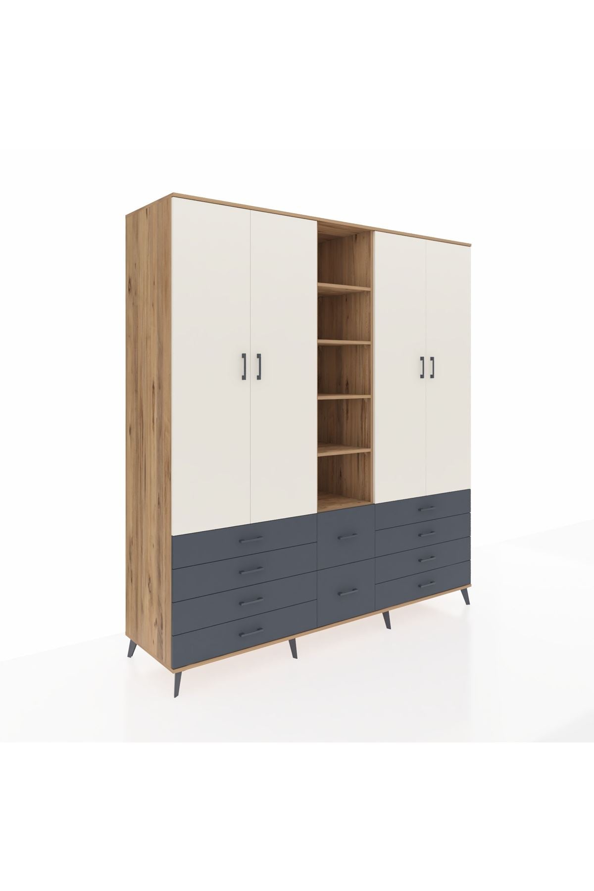 Kronos Dolap 9 Raflı 10 Çekmeceli 2 Askılı 220x59x243 Çam-Aytaşı/Antrasit