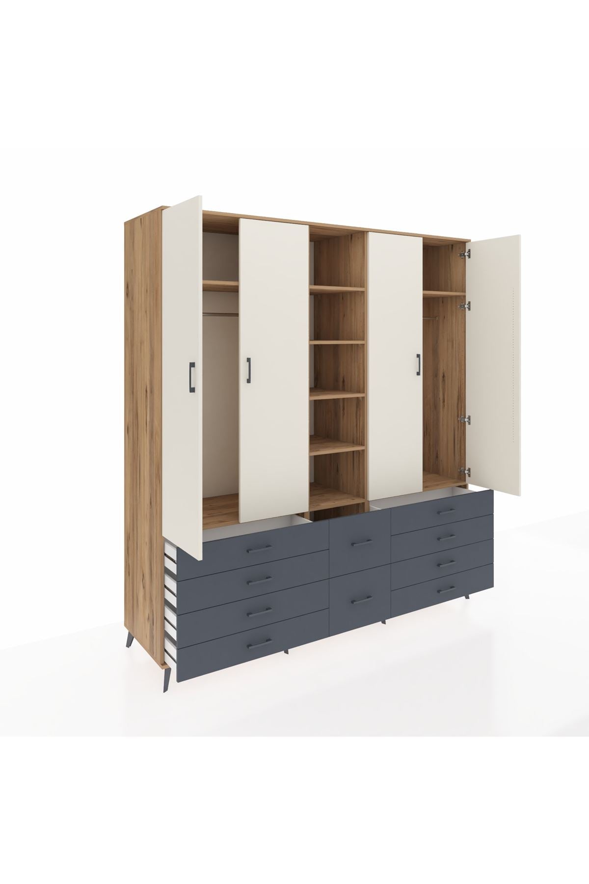 Kronos Dolap 9 Raflı 10 Çekmeceli 2 Askılı 220x59x243 Çam-Aytaşı/Antrasit