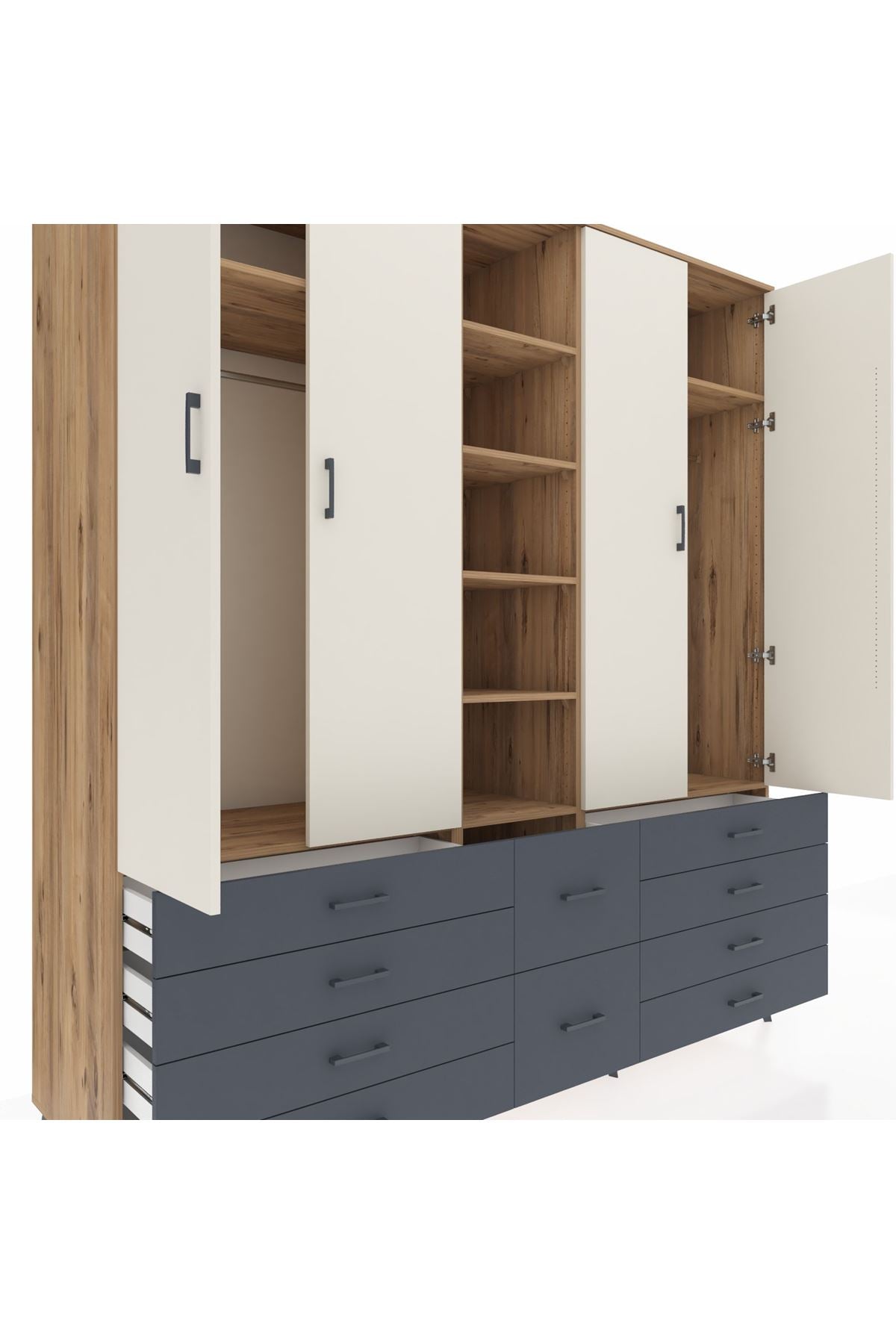 Kronos Dolap 9 Raflı 10 Çekmeceli 2 Askılı 220x59x243 Çam-Aytaşı/Antrasit