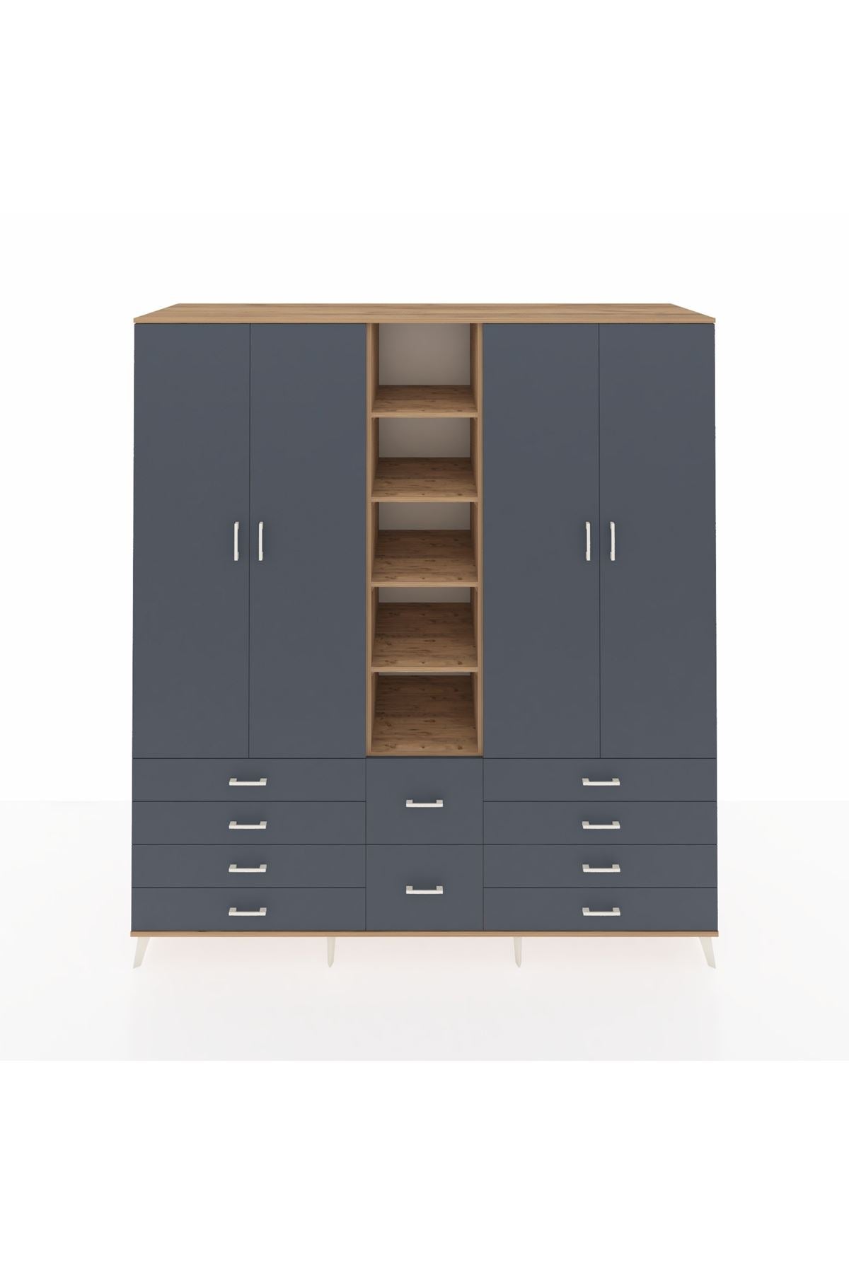 Kronos Dolap 9 Raflı 10 Çekmeceli 2 Askılı 220x59x243 Çam-Antrasit/Antrasit