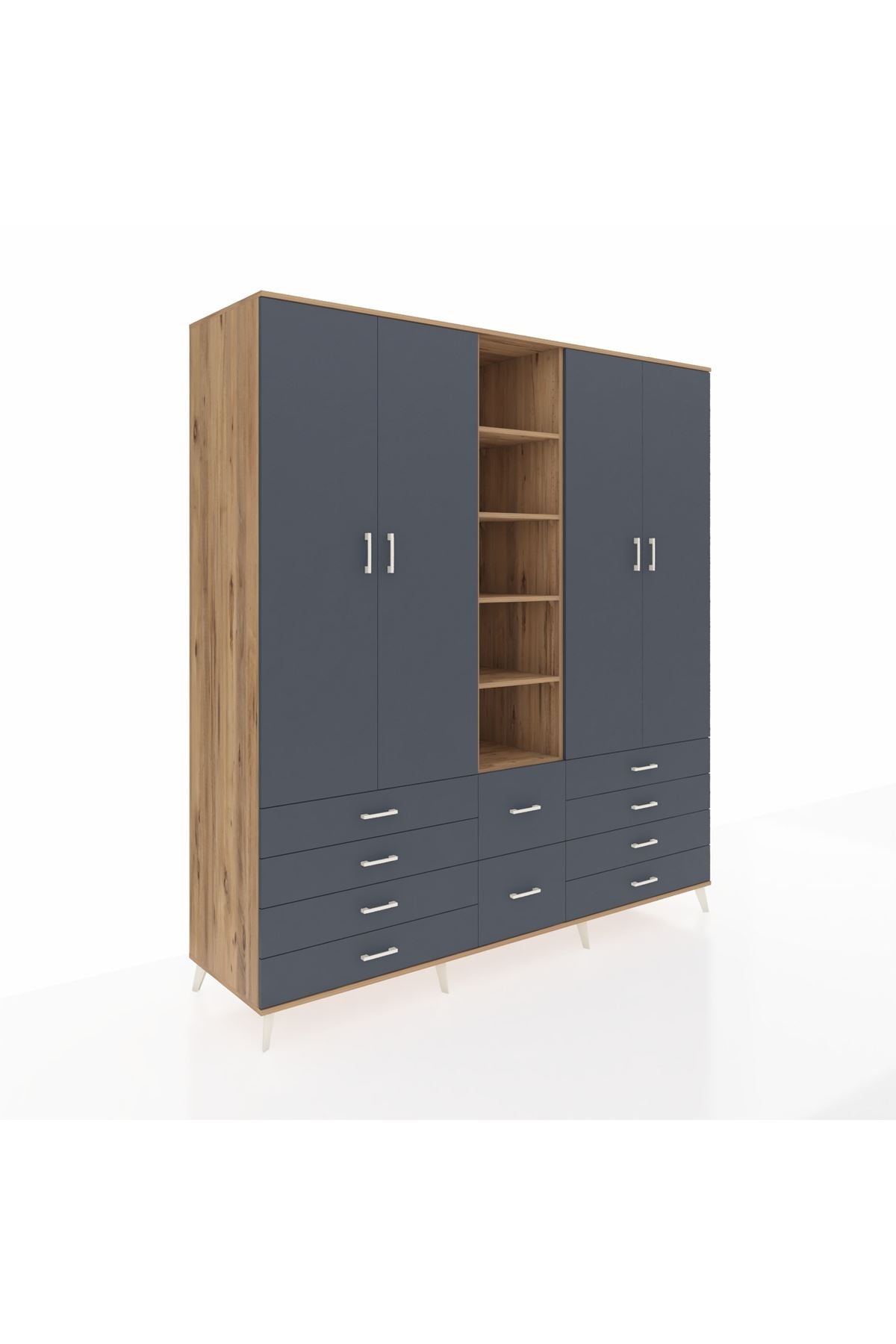 Kronos Dolap 9 Raflı 10 Çekmeceli 2 Askılı 220x59x243 Çam-Antrasit/Antrasit