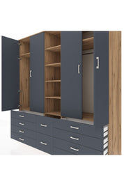 Kronos Dolap 9 Raflı 10 Çekmeceli 2 Askılı 220x59x243 Çam-Antrasit/Antrasit