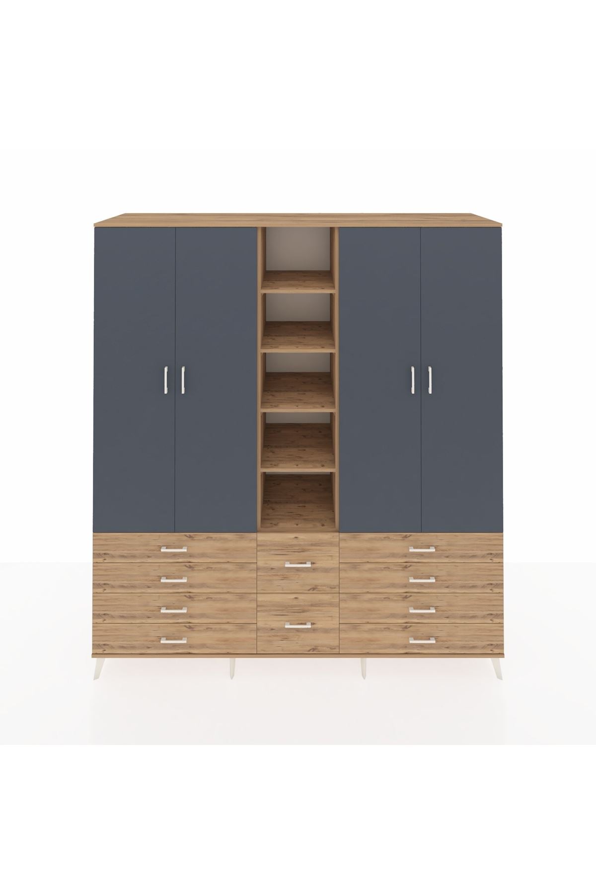 Kronos Dolap 9 Raflı 10 Çekmeceli 2 Askılı 220x59x243 Çam-Antrasit/Çam