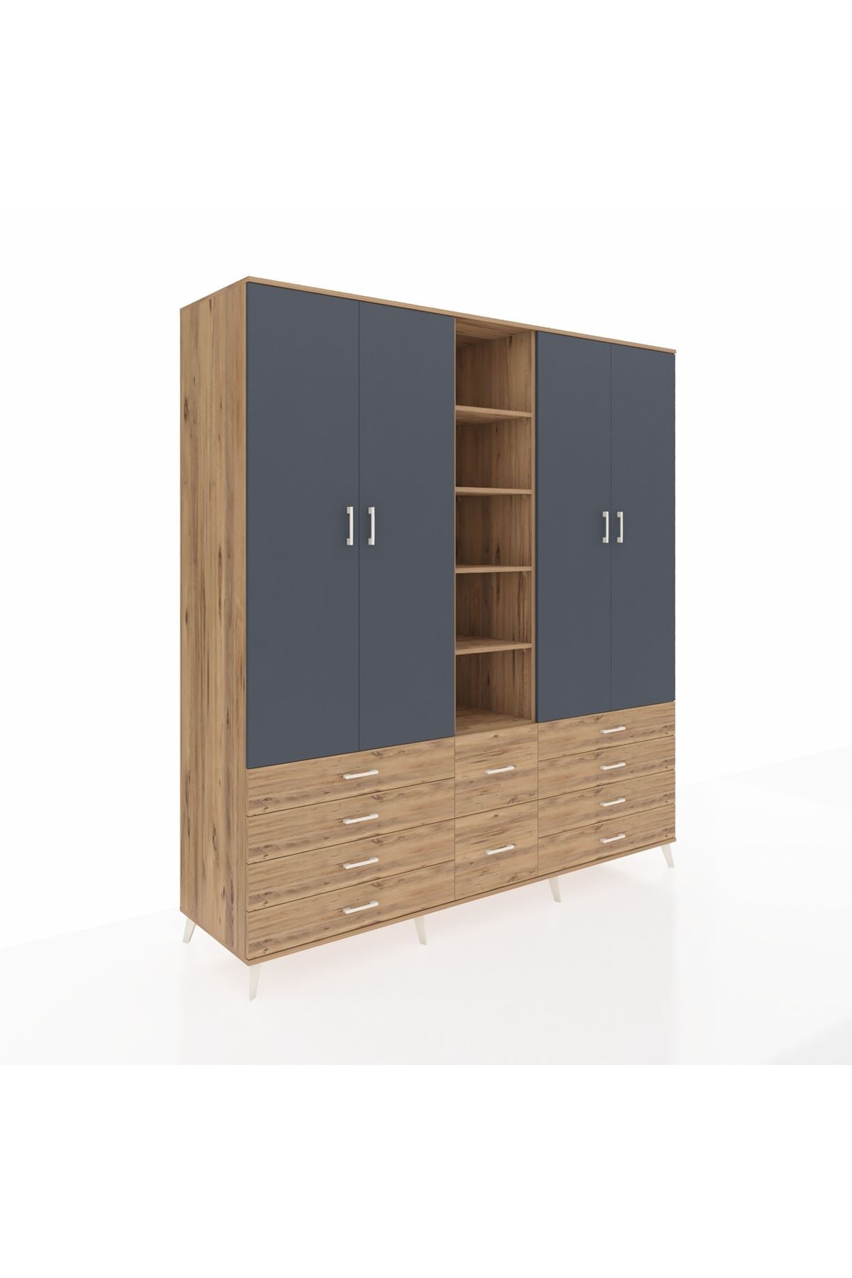 Kronos Dolap 9 Raflı 10 Çekmeceli 2 Askılı 220x59x243 Çam-Antrasit/Çam