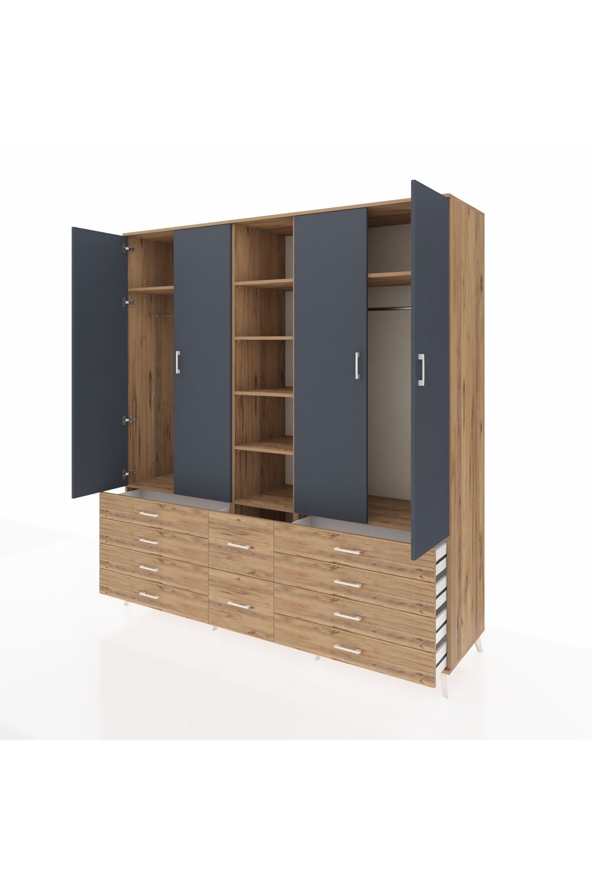 Kronos Dolap 9 Raflı 10 Çekmeceli 2 Askılı 220x59x243 Çam-Antrasit/Çam