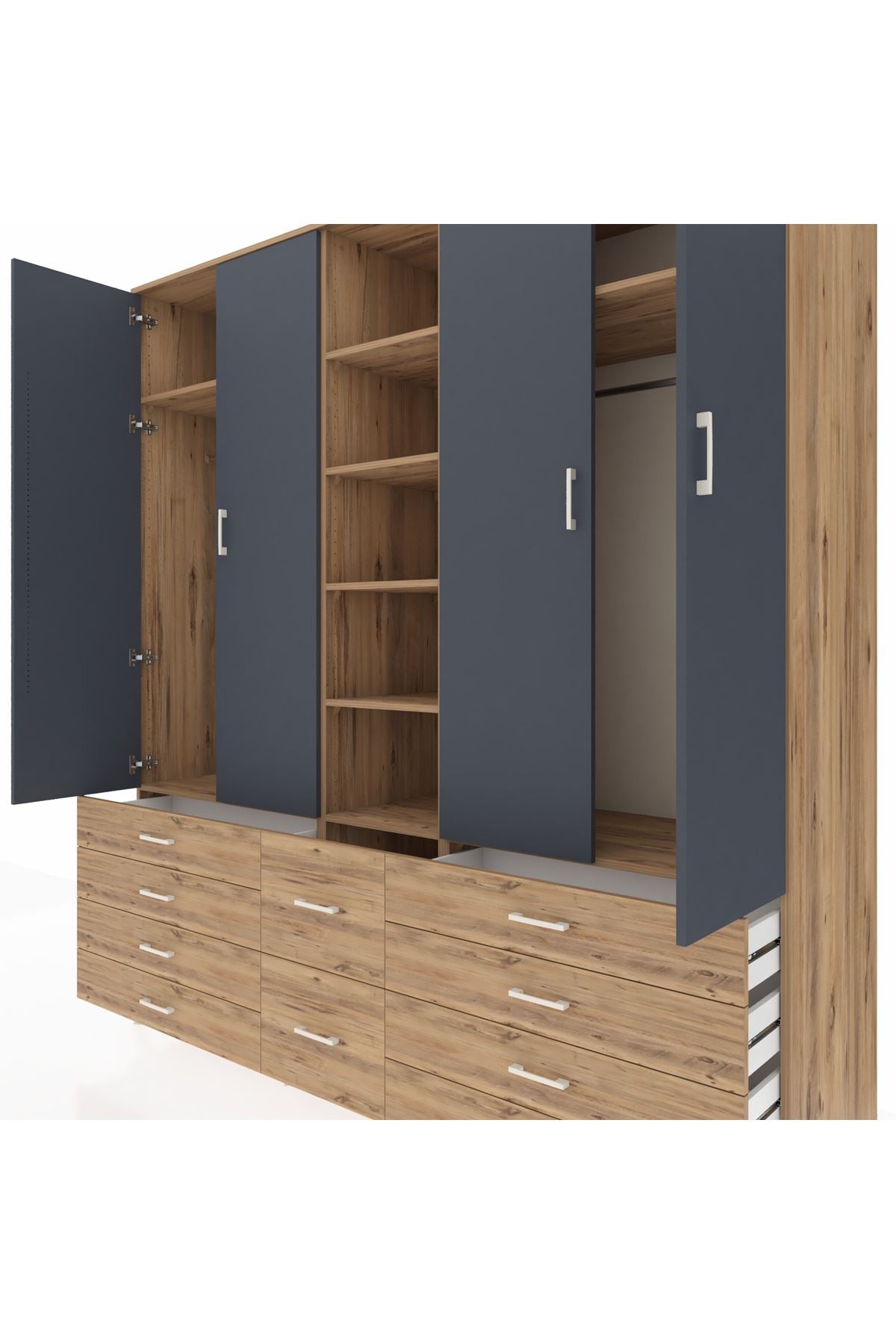 Kronos Dolap 9 Raflı 10 Çekmeceli 2 Askılı 220x59x243 Çam-Antrasit/Çam