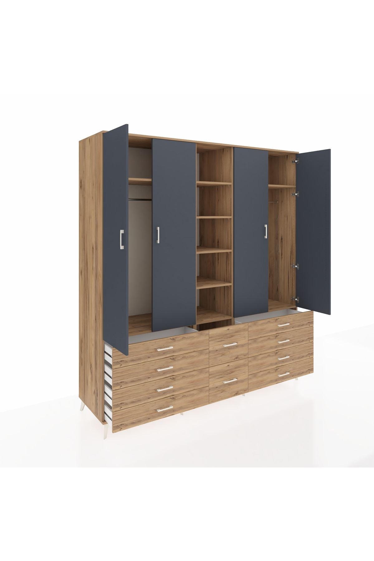 Kronos Dolap 9 Raflı 10 Çekmeceli 2 Askılı 220x59x243 Çam-Antrasit/Çam